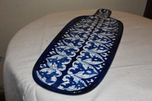 Blue pottery  bat / handle cack dish size 6x16"