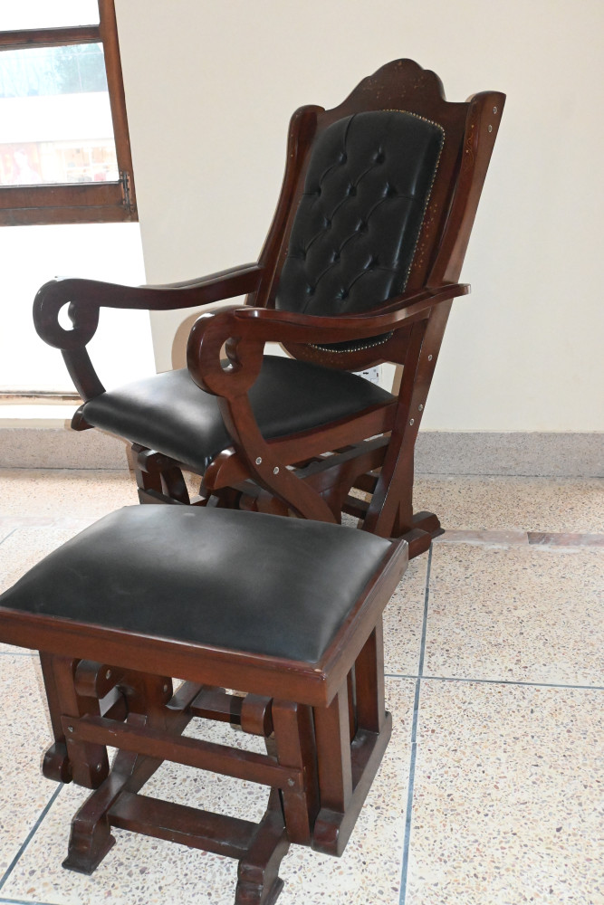 Rocking  chair with stool with leather cushion shesham wood