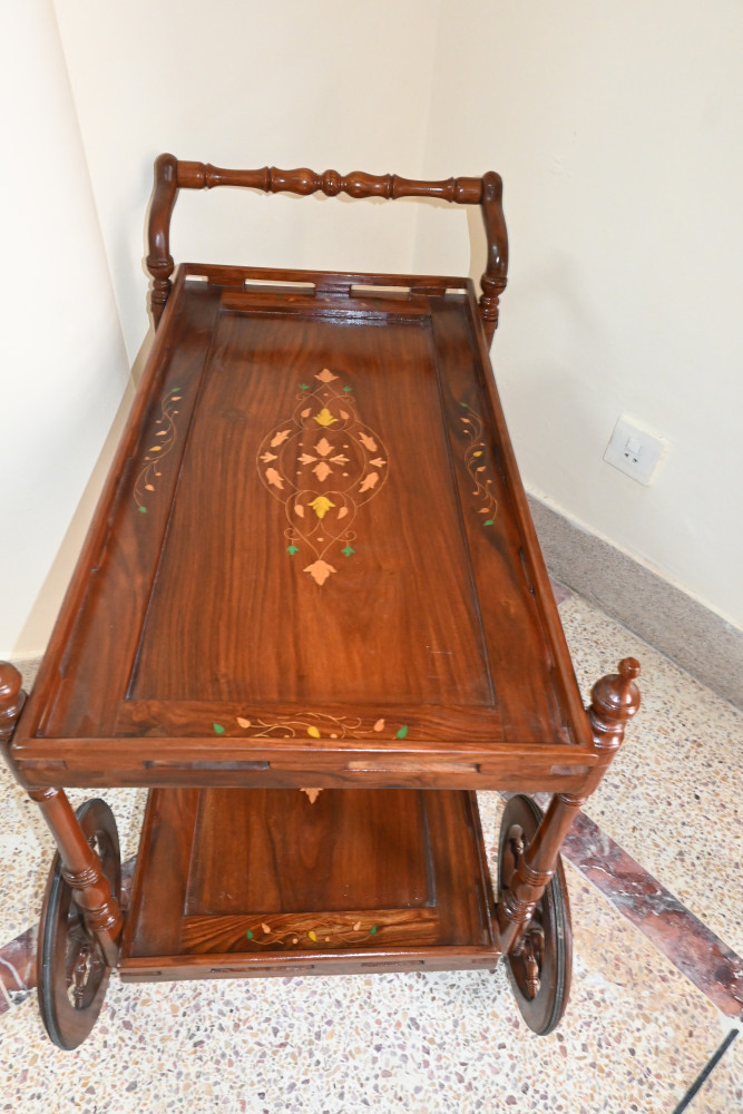 Tea trolly shesham wood brass inlay