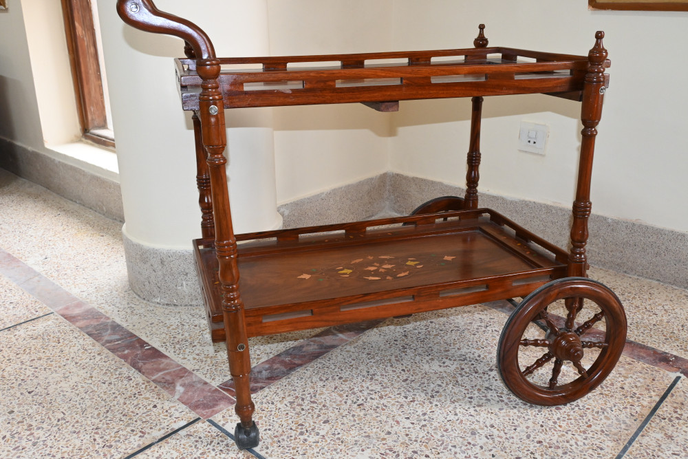 Tea trolley with wooden inlay work